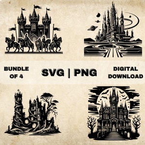 魔法の城 SVG バンドル、PNG、城のクリップアート、手描きのファンタジーをテーマにしたベクターイラスト、レーザー彫刻と工芸用の SVG ファイル