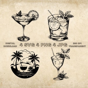 Cocktail SVG Bundle, PNG, Cocktail Clipart, Hand Drawn Alcohol Drinks Vector Illustration, SVG Files For Laser Engraving