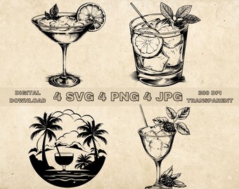 Cocktail SVG Bundle, PNG, Cocktail Clipart, Hand Drawn Alcohol Drinks Vector Illustration, SVG Files For Laser Engraving