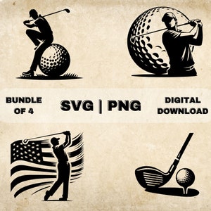 May include: A digital download bundle of four black and white golf-themed SVG and PNG files. The images include a golfer swinging a club, a golfer sitting on a golf ball, a golfer swinging a club in front of an American flag, and a golf club and ball.