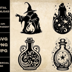 Potion Bottle SVG Bundle, PNG, Celestial Potion Clipart, Hand Drawn Witch Brew Vector Illustration, SVG Files For Laser Engraving