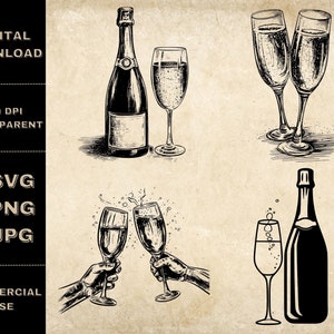 Champagne SVG Bundle, PNG, Champagne Clipart, Hand Drawn Champagne Vector Illustration, SVG Files For Laser Engraving
