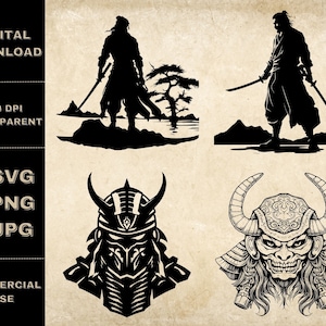 Samurai SVG Bundle, PNG, Ninja Warrior Clipart, Hand Drawn Samurai Vector Illustration, SVG Files For Laser Engraving