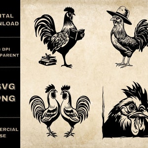 Lustige Hahn SVG Bundle, PNG, niedliches Huhn Clipart, handgezeichnete Bauernhof Tier Vektor Illustration, SVG-Dateien für die Lasergravur