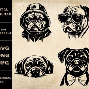 Pug SVG Bundle, PNG, Cute Dogs Clipart, Hand Drawn Peeking Dog Vector Illustration, SVG Files For Laser Engraving