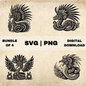 Quetzalcoatl SVG Bundle, Aztec God Clipart, Hand Drawn Mesoamerican Art Theme Vector Illustration, PNG Files For Laser Engraving & Craft