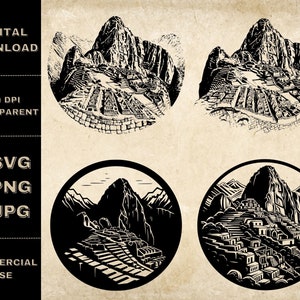 May include: Black and white illustration of Machu Picchu, an ancient Incan citadel located in the Cusco Region of Peru. The illustration shows the iconic mountaintop ruins, including the Temple of the Sun and the Intihuatana stone.