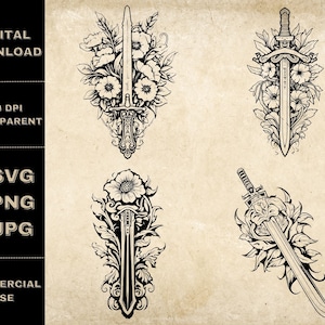 Floral Sword SVG Bundle, PNG, Sword Flower Clipart, Hand Drawn Swords Vector Illustration, SVG Files For Laser Engraving