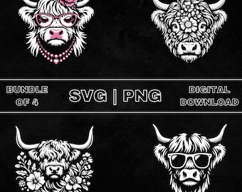 Scottish Highland Cow SVG Bundle, Cow Clipart, Hand Drawn Cow Lover Theme Vector Illustration, PNG Files For Laser Engraving & Craft