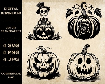 Halloween Pumpkin SVG Bundle, PNG, Pumpkin Face Clipart, Hand Drawn Halloween Theme Vector Illustration, SVG Files For Laser Engraving