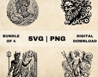 May include: A digital download bundle of four black and white illustrations featuring a god of the sea, a devil, a gate with flames, and a winged god holding a trident. The illustrations are in a vintage style.