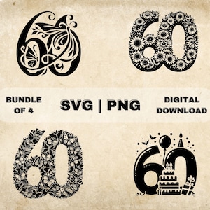 60 番の SVG バンドル、60 歳の誕生日のクリップアート、手描きの 60 をテーマにしたベクター イラスト、レーザー彫刻とクラフト用の SVG ファイル