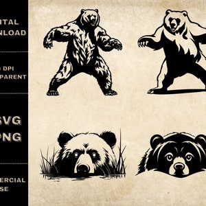 Peut inclure: Quatre illustrations d'ours en noir et blanc. Un ours est debout sur ses quatre pattes, un autre est debout sur ses pattes arrière et deux regardent depuis l'eau.