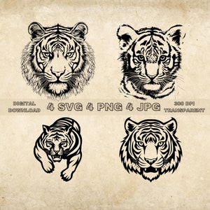 Tiger SVG Bundle, PNG, Wild Animal Clipart, Hand Drawn Wildlife Tiger Vector Illustration, SVG Files For Laser Engraving
