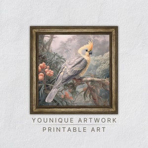 Cockatiel Bird and Botanical Art Print, Parrot Cockatoo Painting Illustration, Instant Printable Wall Art, Digital Download