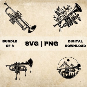 Paquete SVG de trompeta, imágenes prediseñadas de trompeta, ilustración vectorial de tema musical dibujado a mano, archivos SVG para grabado láser y artesanía