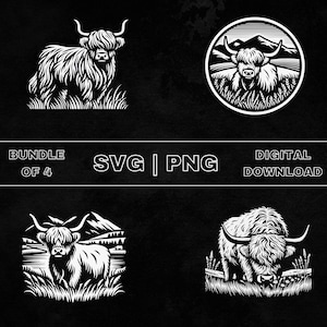 May include: A set of four black and white illustrations of a Highland cow. The illustrations feature the cow standing in a field, looking to the side, and in a circular design with mountains in the background. The text "SVG | PNG" and "DIGITAL DOWNLOAD" is included in the image.