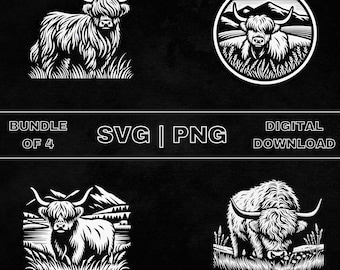 Scottish Highland Cow SVG Bundle, Cow Clipart, Hand Drawn Highlander Cattle Theme Vector Illustration, PNG Files For Laser Engraving & Craft