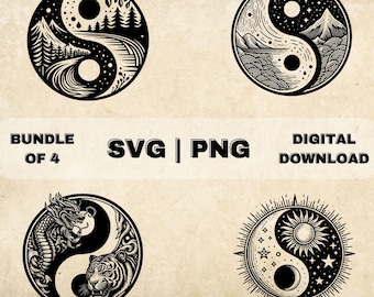陰陽 SVG バンドル、陰陽クリップアート、太陽、月、ドラゴンバランス