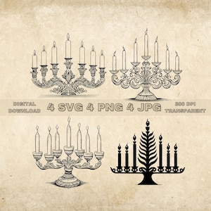 Menorah SVG Bundle, PNG, Hanukkah Clipart, Hand Drawn Menorah Vector Illustration, Fichiers SVG pour la gravure au laser
