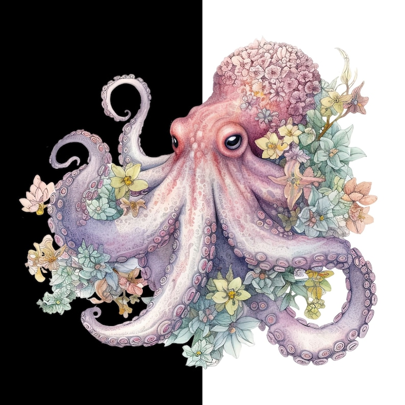 May include: A watercolor painting of an octopus with pink and purple tentacles surrounded by delicate flowers in shades of pink, yellow, and blue.