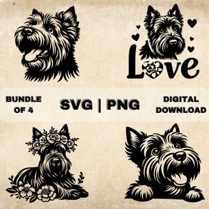 Könnte beinhalten: Ein digitales Download-Paket mit vier Schwarzweiß-SVG- und PNG-Dateien, die einen Terrier in verschiedenen Posen zeigen. Der Hund trägt in einem Bild eine Blumenkrone und in einem anderen Bild ist das Wort "Love" zu sehen.