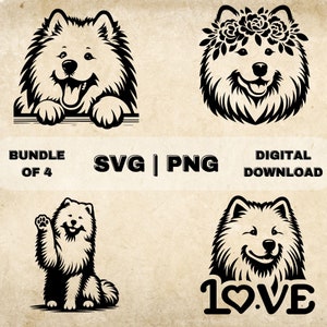 Samoyed SVG Bundle, Samoyed Clipart, Hand Drawn Dog Theme Vector Illustration, SVG Files For Laser Engraving & Craft