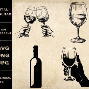 Wine Glass SVG Bundle, PNG, Wine Lover Clipart, Hand Drawn Wine Bottle Vector Illustration, SVG Files For Laser Engraving