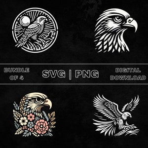 Falcon SVG Bundle, Falcon Clipart, Hand Drawn Falcon Bird Lover Theme Vector Illustration, PNG Files For Laser Engraving & Craft
