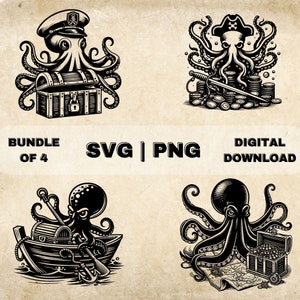 Paquete SVG de pulpo pirata, PNG, imágenes prediseñadas del tesoro, ilustración vectorial de pulpo de fantasía dibujada a mano, archivos SVG para grabado láser