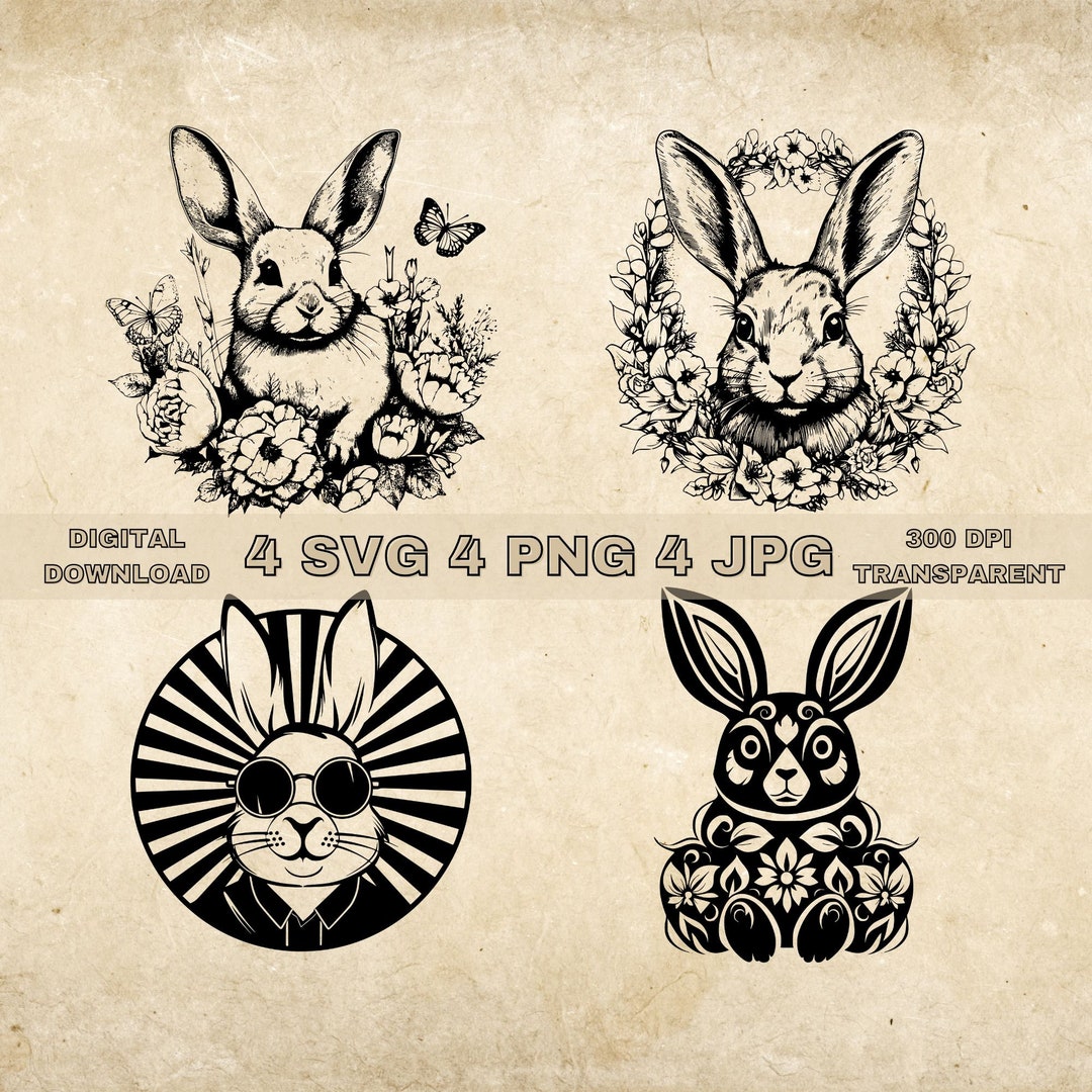 Bunny SVG Bundle, PNG, Rabbit and Flowers Clipart, Hand Drawn Bunnies ...