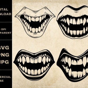 Vampire Teeth SVG Bundle, PNG, Vampire Fangs Clipart, Hand Drawn Vampire Mouth Vector Illustration, SVG Files For Laser Engraving