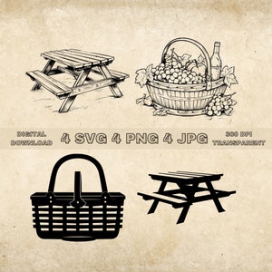 Picnic Table SVG Bundle, PNG, Picnic Basket Clipart, Hand Drawn Picnic Theme Vector Illustration, SVG Files For Laser Engraving