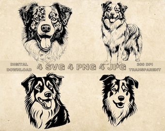 Australian Shepherd SVG Bundle, PNG, Dogs Clipart, Hand Drawn Dog Vector Illustration, SVG Files For Laser Engraving