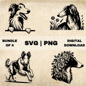May include: A bundle of four black and white digital illustrations of a Borzoi dog. The dog is shown in four different poses: looking over a ledge, lying down in a field of flowers, running, and with a floral crown. The text "Bundle of 4" and "SVG | PNG" is at the top of the image. The text "Digital Download" is at the bottom of the image.