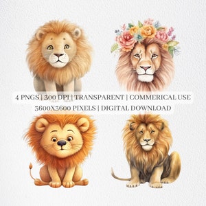 May include: Four digital illustrations of lions. Two lions are sitting with a cartoonish style. One lion is wearing a flower crown. The fourth lion is standing with a more realistic style.