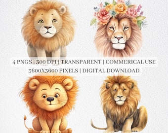 Cute Lion Clipart, Lion PNG Files For Sublimation, Lions Clip Art, Nursery Animal Prints, Printable Wall Art, Commercial Use