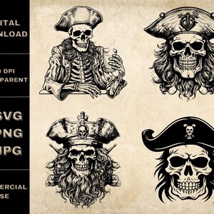 Pacchetto SVG teschio pirata, PNG, clipart pirata, illustrazione vettoriale teschio disegnato a mano, file SVG per incisione laser