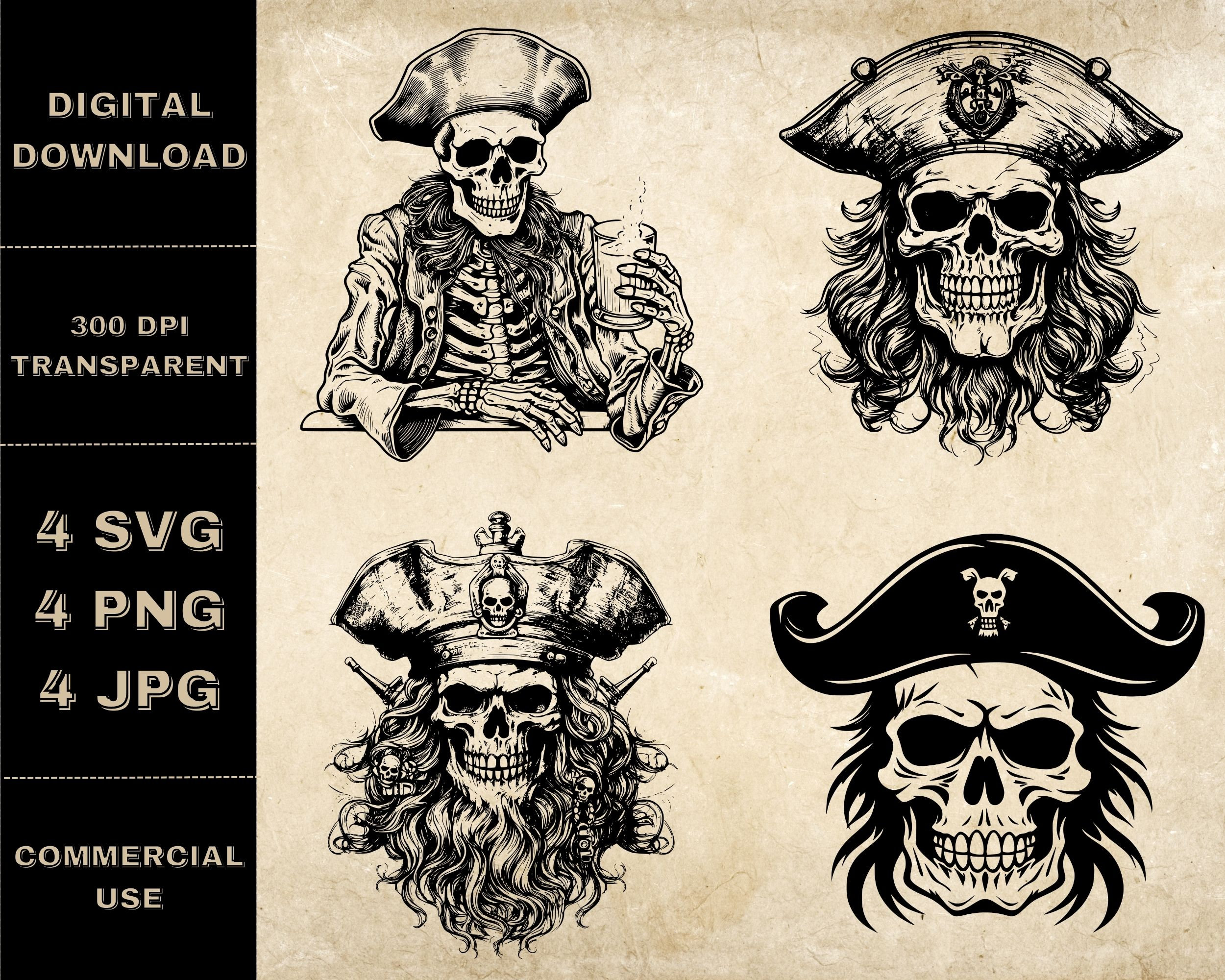 Pirate Skull SVG Bundle, PNG, Pirate Clipart, Hand Drawn Skull Vector