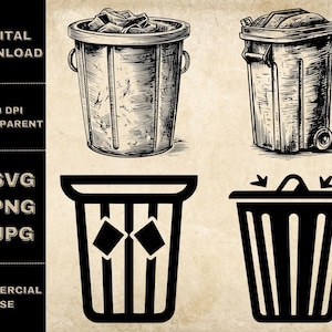 Trash Bin SVG Bundle, PNG, Trash Can Clipart, Hand Drawn Trash Bin Vector Illustration, SVG Files For Laser Engraving
