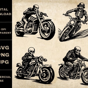 Skelett Motorrad SVG Bundle, PNG, Skelett Biker Clipart, handgezeichnete Motorrad Vektor Illustration, SVG-Dateien für die Lasergravur