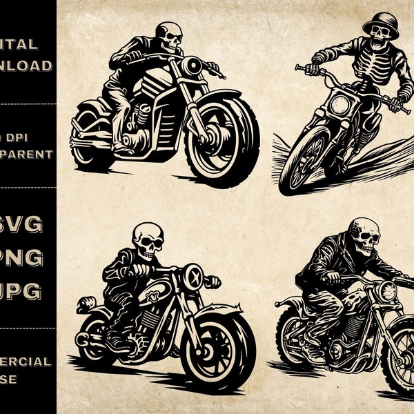 Squelette moto SVG Bundle, PNG, squelette Biker Clipart, Illustration vectorielle de moto dessinés à la main, fichiers SVG pour la gravure au Laser