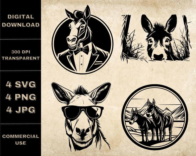 Donkey SVG Bundle, PNG, Donkey Clipart, Hand Drawn Donkey Vector ...