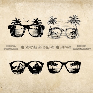 Sunglasses SVG Bundle, PNG, Sunglasses Beach Clipart, Hand Drawn Sunglasses Vector Illustration, SVG Files For Laser Engraving