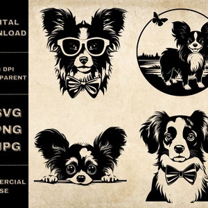 Papillon SVG-bundel, PNG, Papillon-clipart, handgetekende glurende hond vectorillustratie, SVG-bestanden voor lasergravure