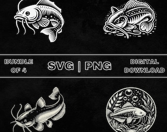 Catfish SVG Bundle, Fishing Clipart, Hand Drawn Catfish Lover Theme Vector Illustration, PNG Files For Laser Engraving & Craft