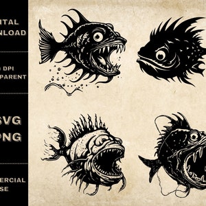 Puede incluir: Cuatro ilustraciones en blanco y negro de peces con dientes afilados y aletas. Los peces están dibujados en un estilo vintage con un fondo texturizado.