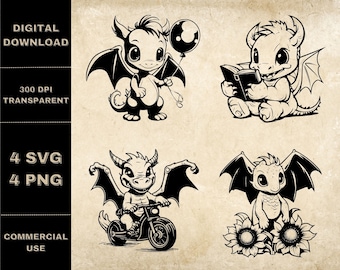 ベビードラゴン SVG バンドル、PNG、かわいいドラゴンのクリップアート、手描きのドラゴンのベクターイラスト、レーザー彫刻用の SVG ファイル