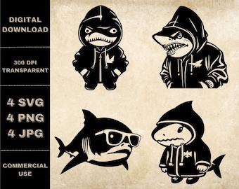 Cool Shark SVG Bundle, PNG, Funny Shark Clipart, Hand Drawn Shark With Sunglasses Vector Illustration, SVG Files For Laser Engraving