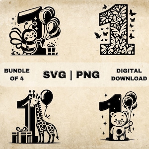 Bundle SVG 1er anniversaire, clipart premier anniversaire, illustration vectorielle sur le thème des animaux mignons dessinés à la main, fichiers SVG pour gravure laser et travaux manuels
